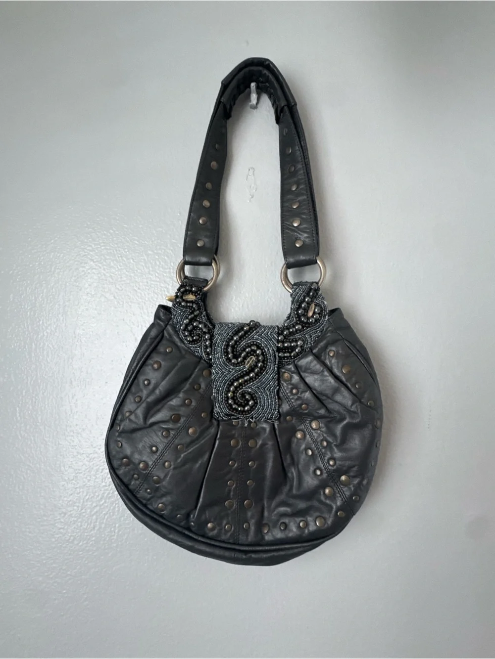 Mary Frances Embellished Leather Studded Hobo Bag Beaded Boho Purse